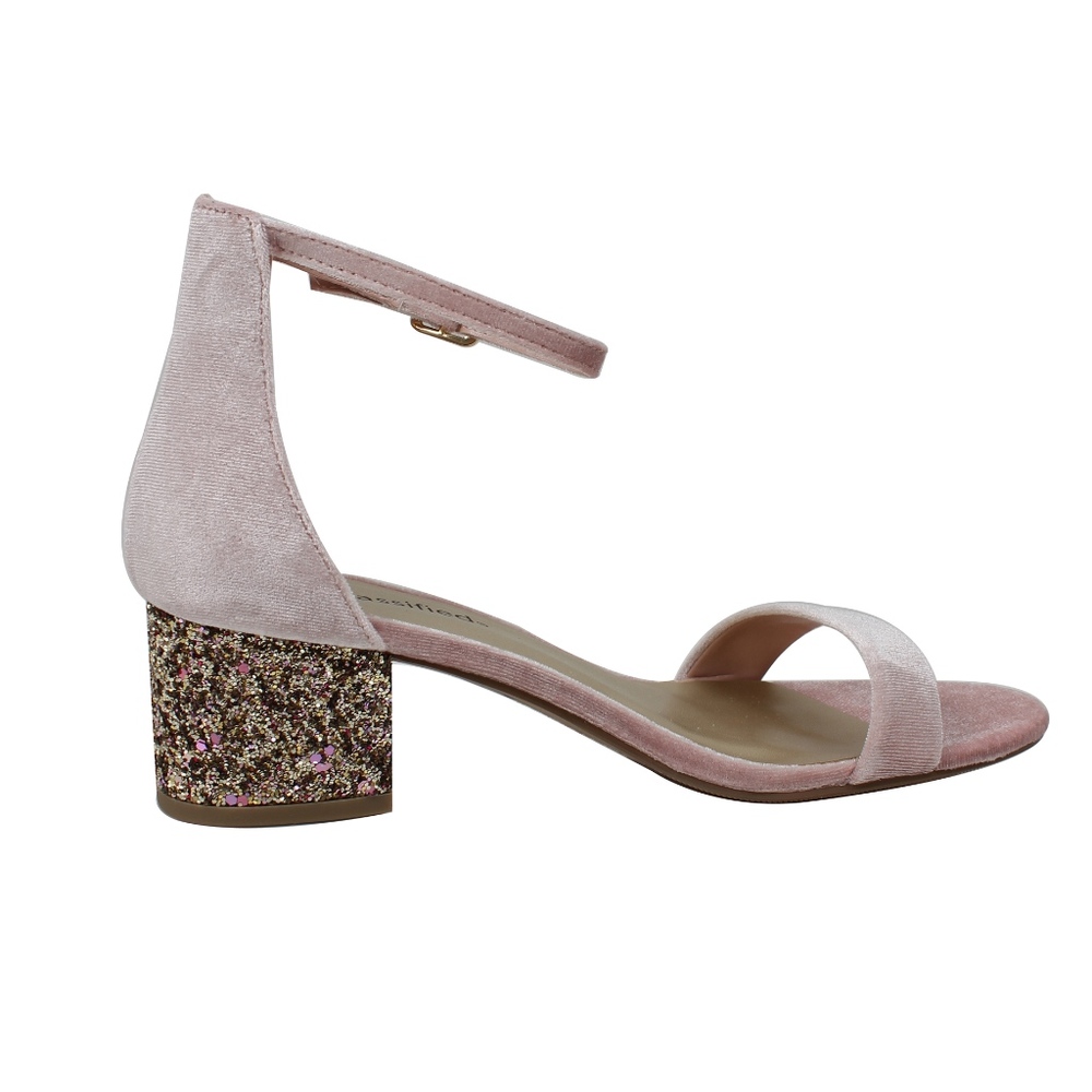 Soft Pink Velvet Open Toe Ankle Strap Glitter Heel - Picture 3 of 3